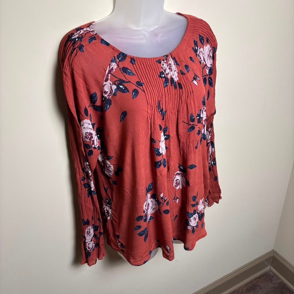 G&F Collection Terracotta Rust Floral Blouse Pintuck Long Sleeve Top Women Large - Picture 4 of 9
